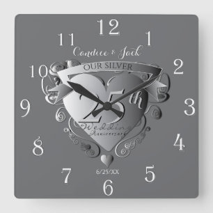 Relógio Quadrado 25 Casamento Aniversário de Silvery Heart Emblem