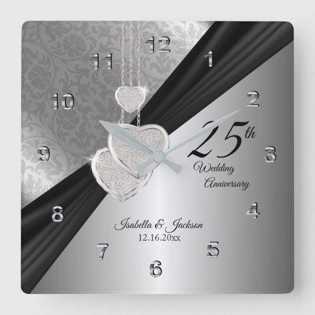 Relógio Quadrado 25 Silver Casamento de Aniversário Keepsaame (Frente)