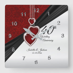 Relógio Quadrado 40º Aniversário do Casamento Ruby