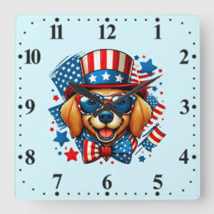 Relógio Quadrado 4 de Julho EUA Patriótico Cão Dia da Independência