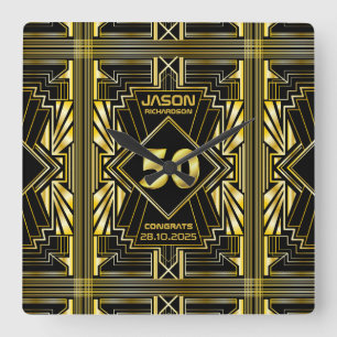 Relógio Quadrado 50º aniversário Art Deco Dourado Excelente negro