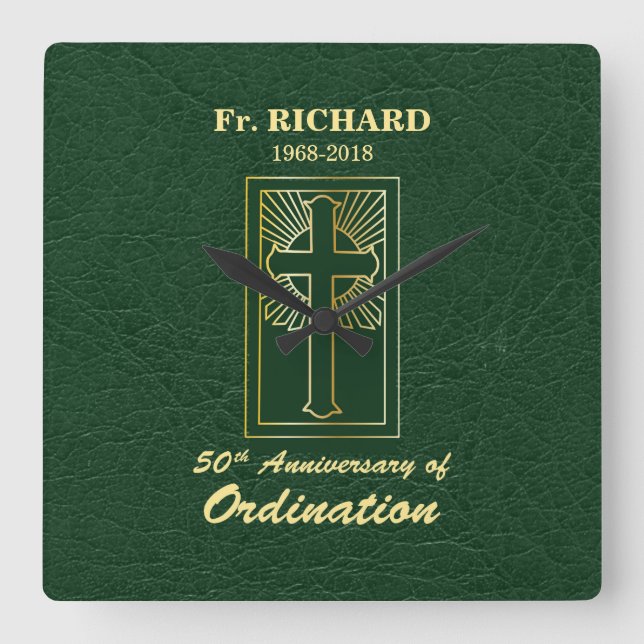 Relógio Quadrado 50 anos personalizáveis do Verde de Ordenação (Frente)