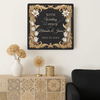 Relógio Quadrado 50 Wedding Anniversary Baroque Elegant Tulip Frame
