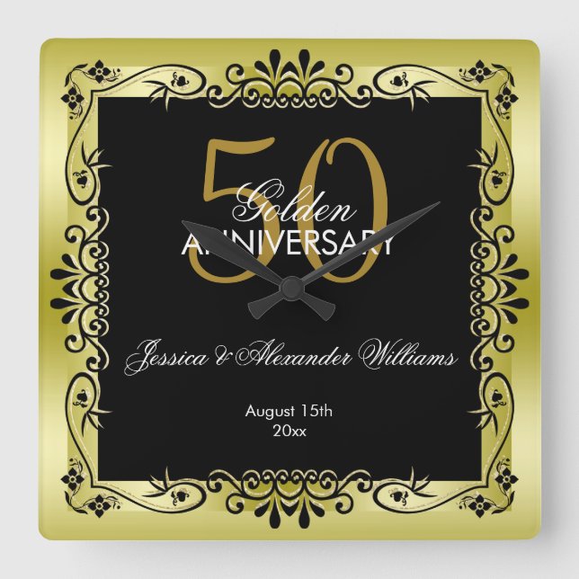 Relógio Quadrado 50th casamento quadro decorativo Dourado romântico (Frente)