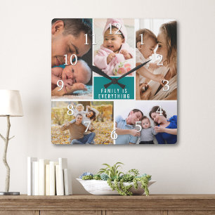 Relógio Quadrado 5 Colagem de Fotos Família é Tudo Citação Azul Cla