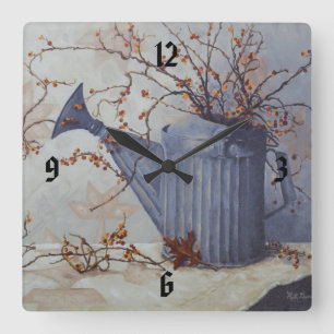 Relógio Quadrado 6033 BitterSweet em Watering Can on Quilt Clock