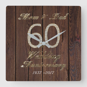 Relógio Quadrado 60th Pais do casamento de diamante do aniversário