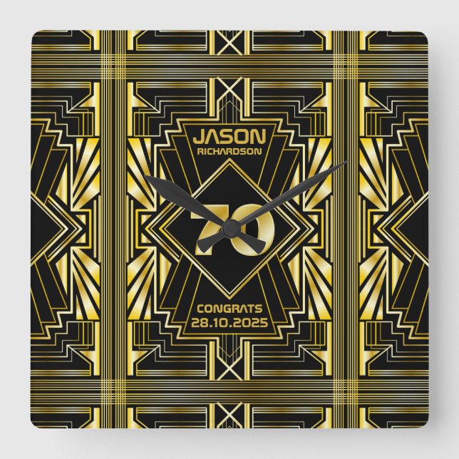 Relógio Quadrado 70 Aniversário Art Deco Dourado Excelente Negro Ga (Frente)