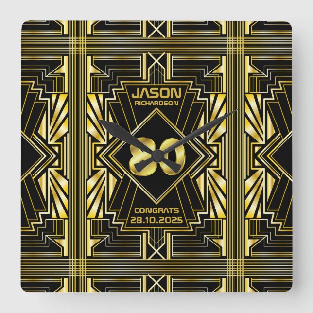 Relógio Quadrado 80 Aniversário Art Deco Dourado Excelente Negro Ga (Frente)
