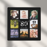 Relógio Quadrado 80 de aniversário de colagem personalizada de foto<br><div class="desc">Um relógio de parede como presente para um 80 de aniversário para uma cara,  celebrando sua vida com uma colagem de 8 fotos suas.  Personalize e adicione 80 anos,  e uma data.  Data de nascimento ou data do aniversário.  Letras brancas coloridas.  Fundo preto.</div>