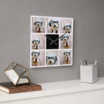 Relógio Quadrado 8 Colagem de Fotos - com cor de destaque preta<br><div class="desc">Preto e Branco - Uma popular colagem em rede com fotos. Use 8 fotos quadradas para criar um presente exclusivo e pessoal. Para obter melhores resultados, recorte suas fotos em quadrados antes de carregar. Se precisar ajustar as fotos, clique na ferramenta personalizar para fazer alterações. Para obter melhores resultados, recorte...</div>