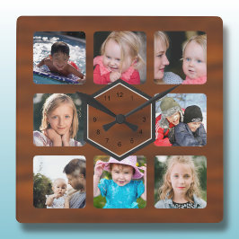 Relógio Quadrado 8 Colagem de Fotos em Madeira com Padrão