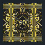 Relógio Quadrado 90 Birthday Art Deco Dourado Excelente Negro Gatsb<br><div class="desc">Comemore seu aniversário de marco em estilo com este design ao estilo exclusivo do Art Deco, inspirado no Excelente Gatsby, com formas geométricas em ouro brilhante sobre fundo preto. Uma elegante, elegante, neutra em termos de gênero parece perfeita para comemorar aquele aniversário especial com o gosto impregnada de jazz dos...</div>