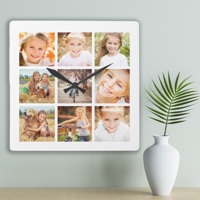 Relógio Quadrado 9 Famílias de imagens brancas (Custom white 9-photo wall clock)