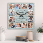 Relógio Quadrado A Família É Tudo Citado Foto Collage Azul<br><div class="desc">Crie facilmente o seu próprio relógio de parede, ao estilo da casa do lago, rústico e azul, com as suas fotos personalizadas. O design também apresenta uma bela citação manuscrita: "Família é tudo". Para obter os melhores resultados, recorte as imagens para o quadrado - com o ponto de foco no...</div>