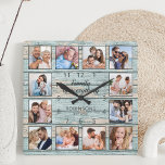Relógio Quadrado A Família É Tudo Citado Foto Collage Azul<br><div class="desc">Crie facilmente o seu próprio relógio de parede, ao estilo da casa do lago, rústico e azul, com as suas fotos personalizadas. O design também apresenta uma bela citação manuscrita: "Família é tudo". Para obter os melhores resultados, recorte as imagens para o quadrado - com o ponto de foco no...</div>
