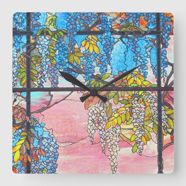 Relógio Quadrado A glicínia do vitral de Nouveau da arte floresce o (Frente)