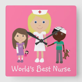 Relógio Quadrado A melhor enfermeira do mundo com crianças e relógi