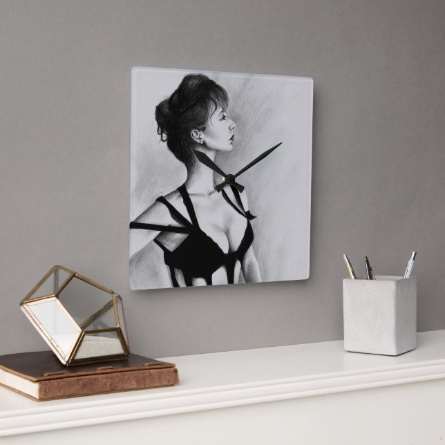 Relógio Quadrado A Mulher Dama Retrai O Vestido Negro Desenhando Ar (Escritório)