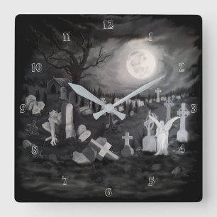 Relógio Quadrado À noite no cemitério - Anjo com o Diabo