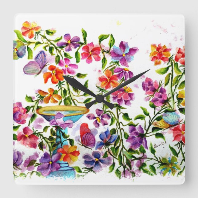 RELÓGIO QUADRADO A PATA DO CÃO IMPRIME O BANHO DO PÁSSARO (Frente)