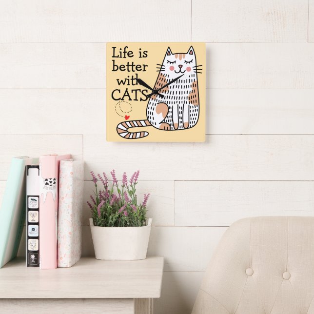 Relógio Quadrado A Vida é Melhor Com Gatos Doodle (Sala de leitura)