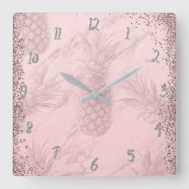 Relógio Quadrado Abacaxi Brilho Dourado Rosa Tropical Chic