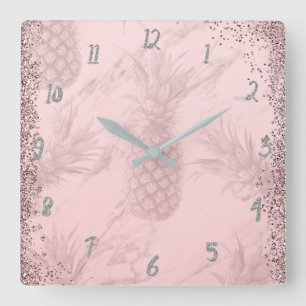 Relógio Quadrado Abacaxi Brilho Dourado Rosa Tropical Chic