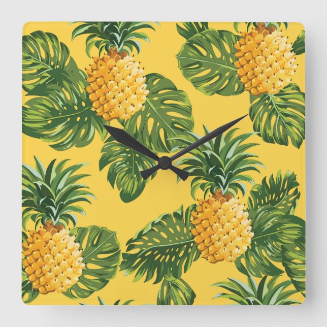 Relógio Quadrado Abacaxis e Folhas Tropicais Em Dourado (Frente)