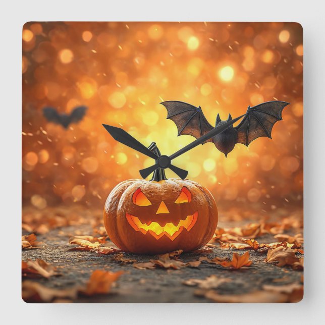 Relógio Quadrado abóbora de Halloween e morcego (Frente)