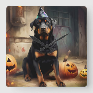 Relógio Quadrado Abóboras Rottweiler Dia das Bruxas Assustador