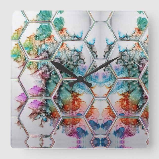 Relógio Quadrado Abstract Colorful alcohol ink art  (Frente)