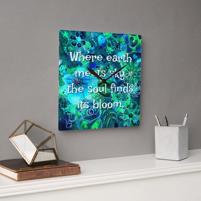 Relógio Quadrado Abstract Floral Teal Blue Green Personalized (Escritório)