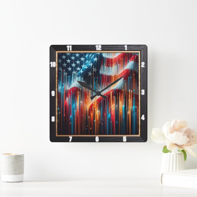 Relógio Quadrado Abstrato American Flag Modern (Lar)