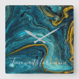 Relógio Quadrado Abstrato Art Azul, Dourado Marble