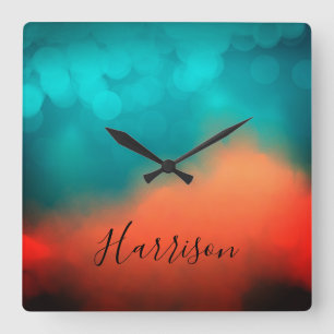 Relógio Quadrado Abstrato Art Script Name Blue Teal Orange Square