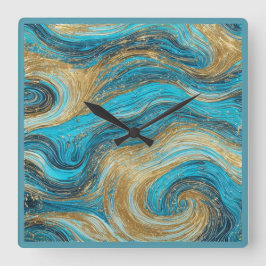 Relógio Quadrado Abstrato Art Wall Clock White Aqua Blues