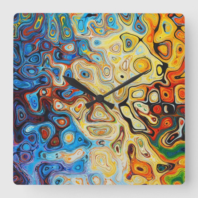 Relógio Quadrado Abstrato Art Yellow Orange Blue Swirls (Frente)