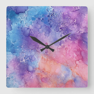 Relógio Quadrado Abstrato Azul Roxo Mistura Nuvens Aquarela