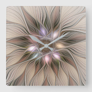 Relógio Quadrado Abstrato Beige Brown Floral Fractal de Flor Joyful