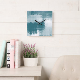 Relógio Quadrado Abstrato Branco Teal Brushstrokes