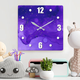 Relógio Quadrado Abstrato de Aquarela Roxa com Estrelas Glitter Dou