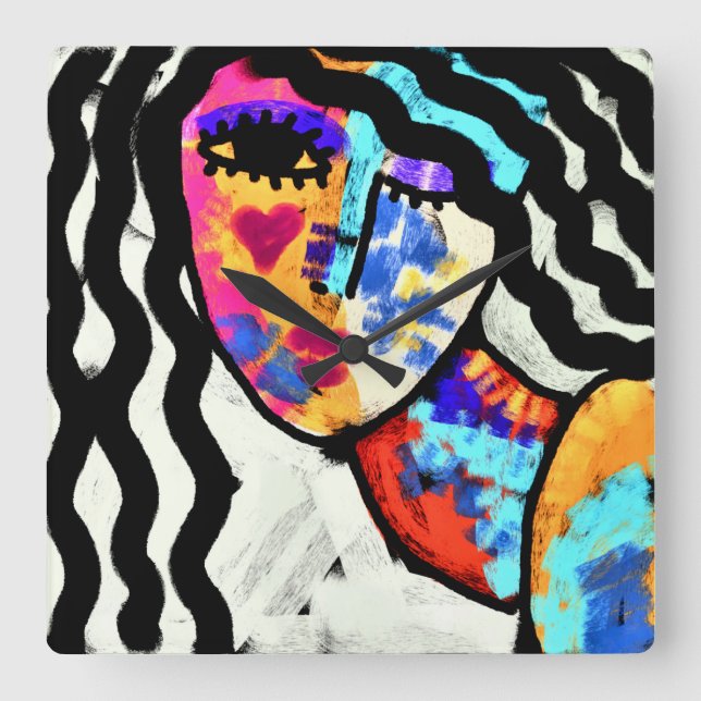 Relógio Quadrado Abstrato de Arte Colorida (Frente)
