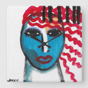 Relógio Quadrado Abstrato de Arte Decorativa de Cabeça Vermelha