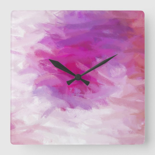 Relógio Quadrado Abstrato de Arte Rosa Púrpura (Frente)