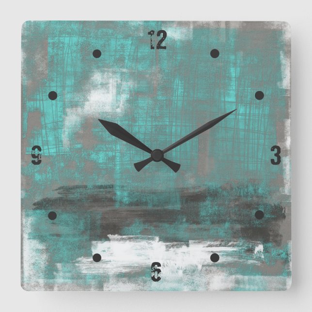 Relógio Quadrado Abstrato de Cinza Preta Teal (Frente)