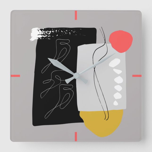 Relógio Quadrado Abstrato de Cinza preto,  e cores (Frente)