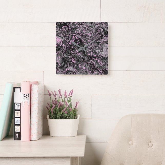 Relógio Quadrado Abstrato de cinza rosa e  (Sala de leitura)