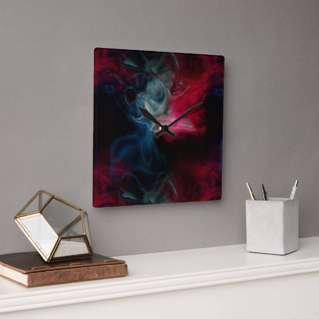 Relógio Quadrado abstrato de fumo rosa e azul (Escritório)