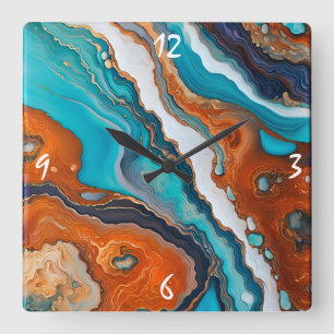 Relógio Quadrado Abstrato de tinta azul-turquesa, à ferrugem e dour